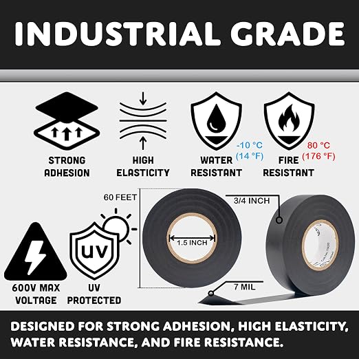 TradeGear Gray 10 Pack - UL Listed Colored Electrical Tape, 60 ft x 3/4 in, 600V, Flame Retardant, Waterproof, Rubber Adhesive - Phase Marking, Wire ID, Automotive