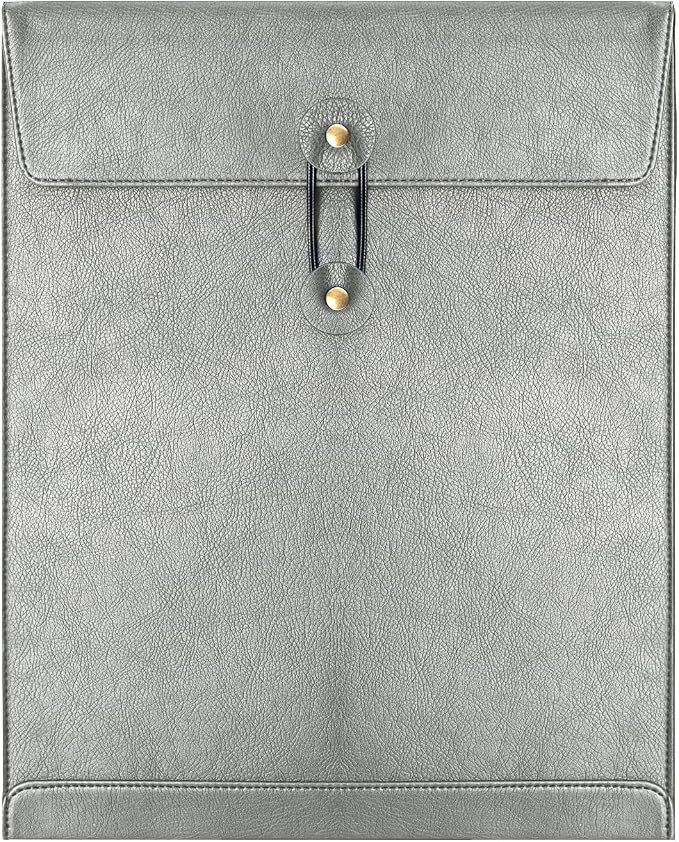 Grey PU Leather File Folder for Documents,Important Document Folder with String Tie,Laptop Sleeve Notebook Case,Leather File Organizer,A4 Envelopes Filing Folder