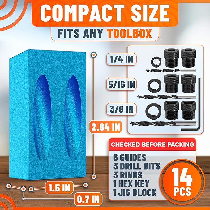14 Pcs Compact Pocket Hole Jig Kit – Build Strong, Clean Joints with Hidden Screws | Aluminum Pocket Screw Jig with 15° Angle Drill Guide, 6 Bushings 6–10mm, 3 Drill Bits, Stop Rings, Adapter, Case