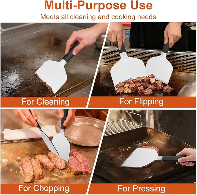 Stainless Steel Griddle Scraper, 5.3" & 4.5" Wide, Heavy Duty Metal Scraper, Sharp Blade and Full Tang Silicone Handle, Great BBQ Cleaning Kit for Flat Top Grill & Griddle Accessories (2 Pack)