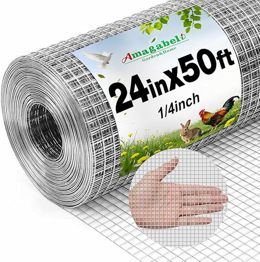 Amagabeli Galvanized Hardware Cloth 1/4 inch 24inx50ft 23 Gauge Chicken Wire Fence Welded Wire Mesh Roll Plant Supports Poultry Netting Garden Bed Animal Cage Snake Rabbit Wire Gopher Rodent Proof