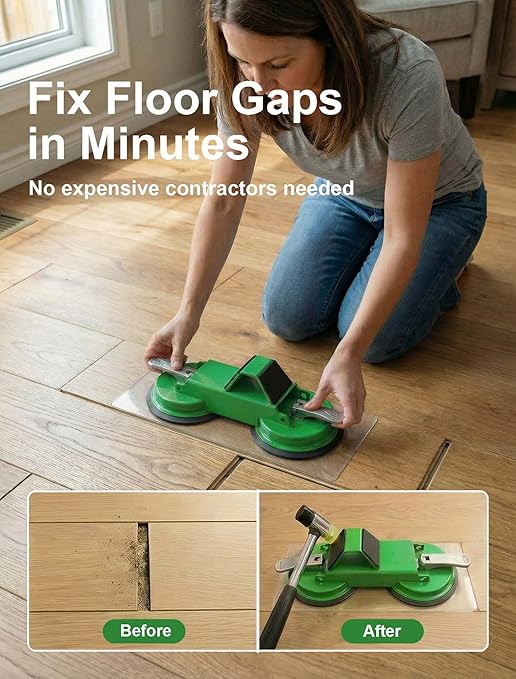 PlayMoon Floor Gap Fixer Tool, Heavy Duty Dual Suction Cup Floor Gap Repair Tool with Metal Levers for Laminate Flooring Engineered Hardwood and Vinyl Plank (Green)