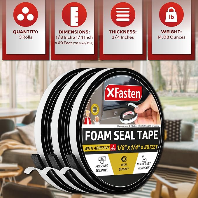 XFasten Black Foam Seal Tape With Adhesive, 1/8-Inch-Thick, 1/4-Inch x 20-Foot (3-Pack), High-Density Weather Strip for Window, Door, Pipe and AC Insulation - Neoprene Insulation Foam Strip