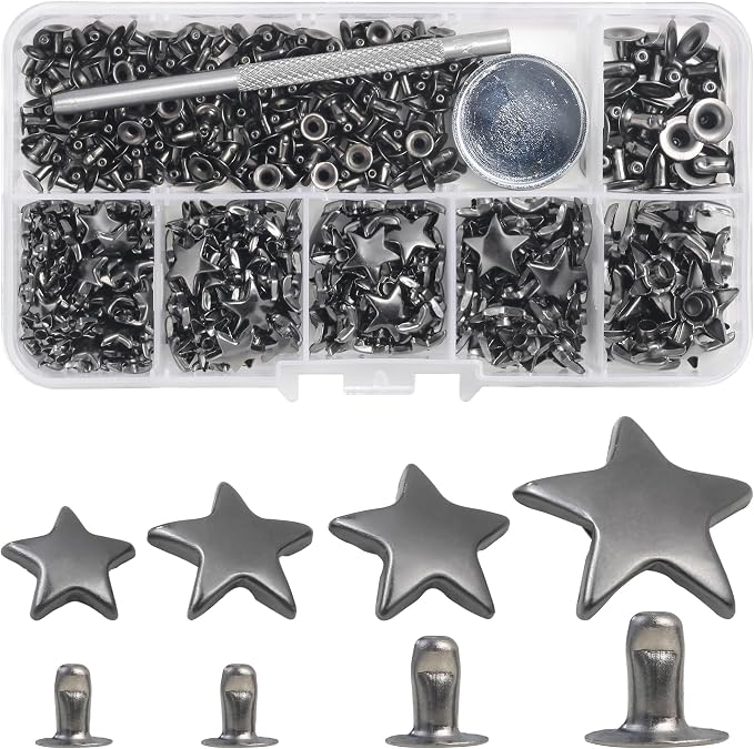 YORANYO 200 Sets Leather Rivets Kit Mixed Sizes - Star Studs for Clothing Fabric - Gunmetal Rivets With Crafting Tool for Repair Decorate Jackets Shoes Bags Belts Purse