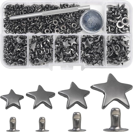 YORANYO 200 Sets Leather Rivets Kit Mixed Sizes - Star Studs for Clothing Fabric - Gunmetal Rivets With Crafting Tool for Repair Decorate Jackets Shoes Bags Belts Purse