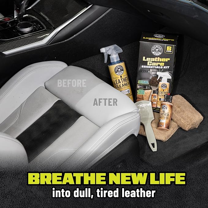 Chemical Guys Leather Care Kit, Cleaner and Conditioner for Car Seats | Complete 6-piece leather cleaning and conditioning kit for car seats, furniture, shoes and bags; genuine or vegan leather