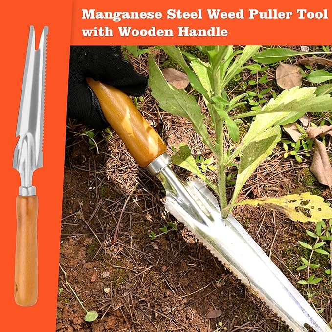 BokingOne 5-in-1 Stainless Steel Hand Weeder Puller Tool & Dandelion Fork Knife - Hand Weed Removal Tool for Weeding, Planting, Transplanting, Soil Cultivating & Flower Care（13.8-inches