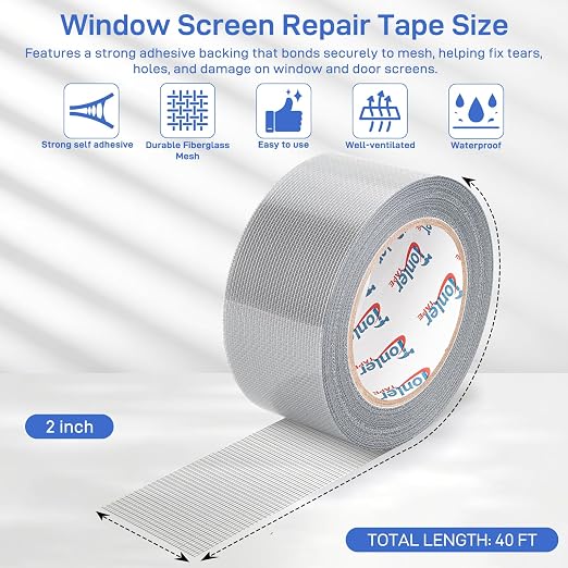 Window Screen Repair Tape 2 in x 40 FT Fiberglass Strong Adhesive Screen Patch, Waterproof Mesh Repair Kit for Window & Door Screen Holes Tears - Gray