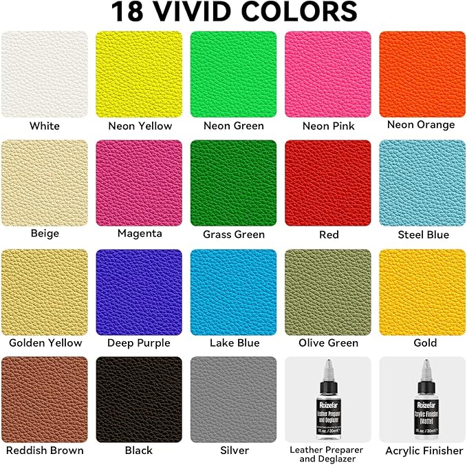 Roizefar Acrylic Leather Paint, Ultimate All-in-One 20 x 30ml Kit with Deglazer & Finisher, 18 Colors Flexible & Waterproof Leather Dye for Shoes, Bags, Jackets, Sneakers, Couches, Car Seats, Sofa
