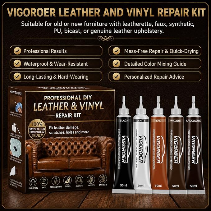 Vigorder Brown Leather Repair Kit for Furniture, Leather Couch Repair Kit for Sofa, Car Seats, Jacket and Purse, Fix Scratches, Tears, Holes, Cracks and Peeling with Easy Instructions