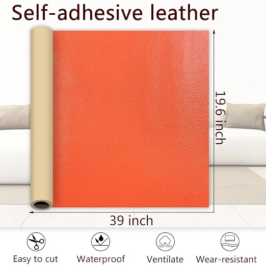 Orange Leather Repair Patch, 39.3 x 19.6 Inch Self Adhesive Leather Repair Tape, Large Vinyl Leather Repair Kit for Furniture, Car Seats, Sofats, Couch, Office Chair
