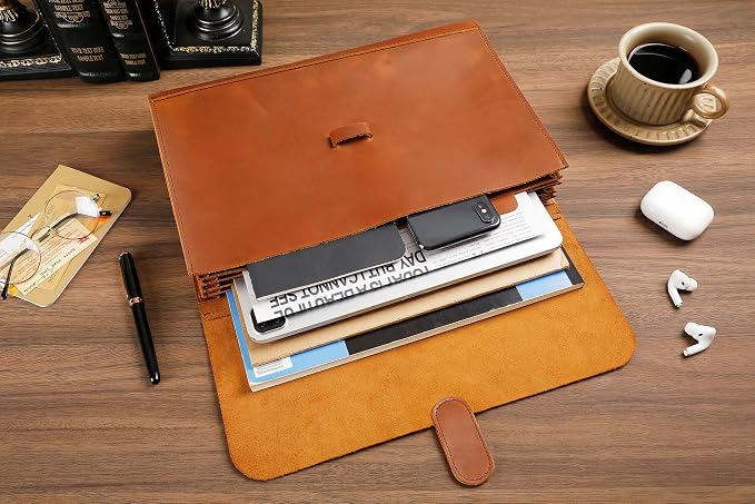 Genuine Leather File Folder, Accordian File Organizer, Leather Document Holder Resume Folio for Men & Women-Brown-Custom
