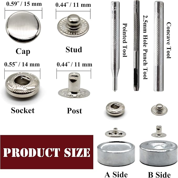 Raydodo 12 Set Leather Snap Fasteners Kit, 15mm Metal Snap Buttons Kit Press Studs with 4 Install Tools, Rivets and Snaps for Clothing, Jeans, Jackets, Bracelets, Bags (Silver)