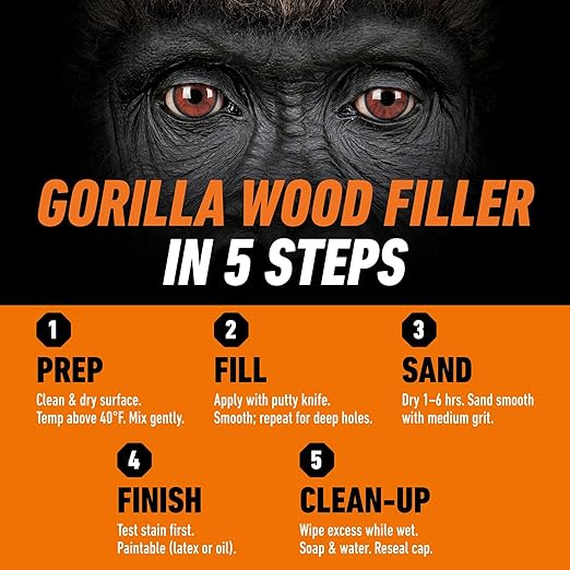 Gorilla All Purpose Wood Filler, Natural Finish, 16 Ounce Tub (Pack of 1) - Water Resistant for Indoor or Outdoor Projects and Repairs