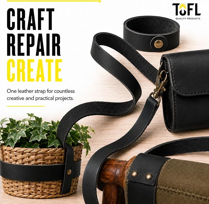Leather Strap for Crafts & Jewelry | 72 Long × 5/8" Wide × 1/8" Thick (7-8oz) | Genuine Leather Strips for Crafts, Projects or Repairs - Black | 5-Pack
