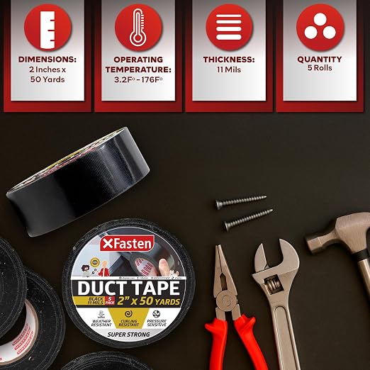 XFasten Black Duct Tape Heavy Duty Waterprooof Super Strong 2” x 50 Yards (5-Pack, 750ft Total) 11mils Extra Thick and Waterproof Heavy Duty Duct Tape Black Color for HVAC and Outdoor Use