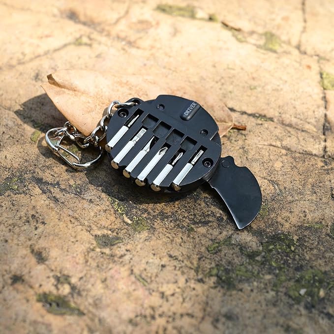 7-in-1 mini outdoor folding multifunctional tool - Small EDC Multitool with Screwdriver Set - portable pocket pendant -Compact Manual Tool (Black stainless steel)