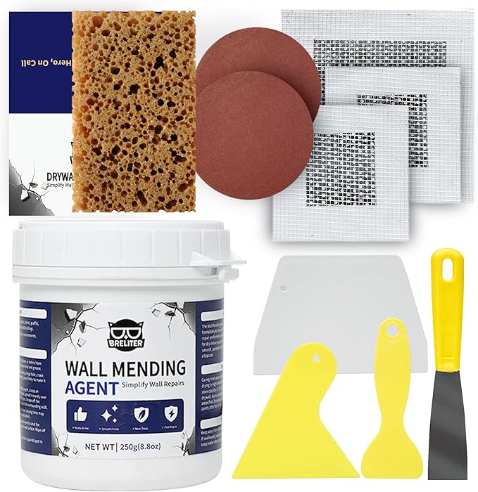 Breliter Drywall Patch Repair Kit - Premium All-in-One Repair Set (Patches/Scrapers/Sandpaper/Texture Sponge/Putty Knife) for Wall Holes, Cracks, Graffiti & Stains, Formaldehyde-Free, White (8.8oz)