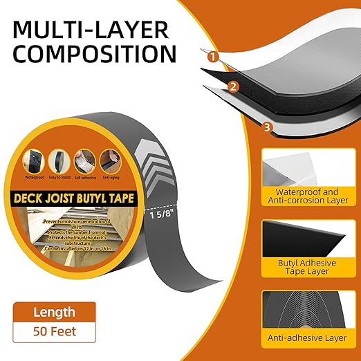 12 Pack Deck Joist Tape, 1-5/8" x 50' Deck Butyl Tape,Waterproof Joist Tape, Weather Resistance Flashing Tape for Repairing Seal Protect Beams and Wood Decks