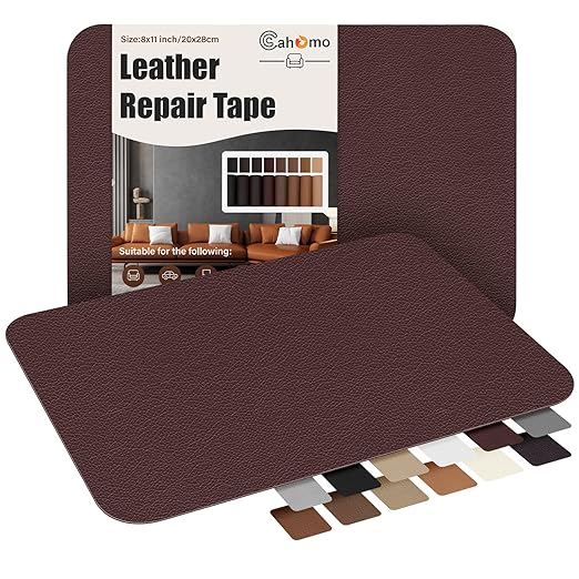 Cahomo Self-Adhesive Leather Repair Patches Tape for Couches - 8x11 inch, Vinyl & Leather Repair Kit for Furniture, Car Seats, Handbags, Jackets -Red Brown