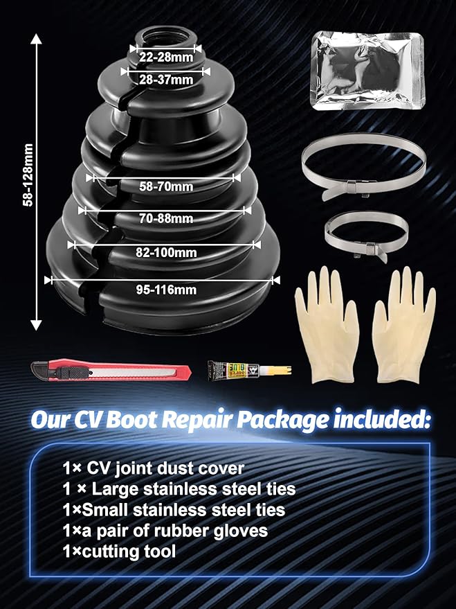 CVS18 CV Boot Split Constant Velocity Joint Gaiter Boot Replacement Kit, wear-Resistant CV Boot, Fits Shaft Size 22mm-28mm, 128mm Height, Includes 2 Stainless Steel CV Boot Clamp, Black