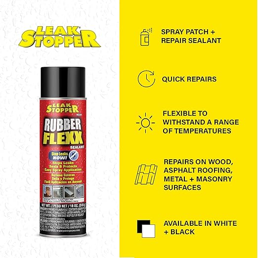 Leak Stopper Rubber Flexx – 18oz Waterproof Repair & Sealant Spray - Point & Spray to Seal Cracks, Holes, Leaks, Corrosion & More | Black – 2 cans