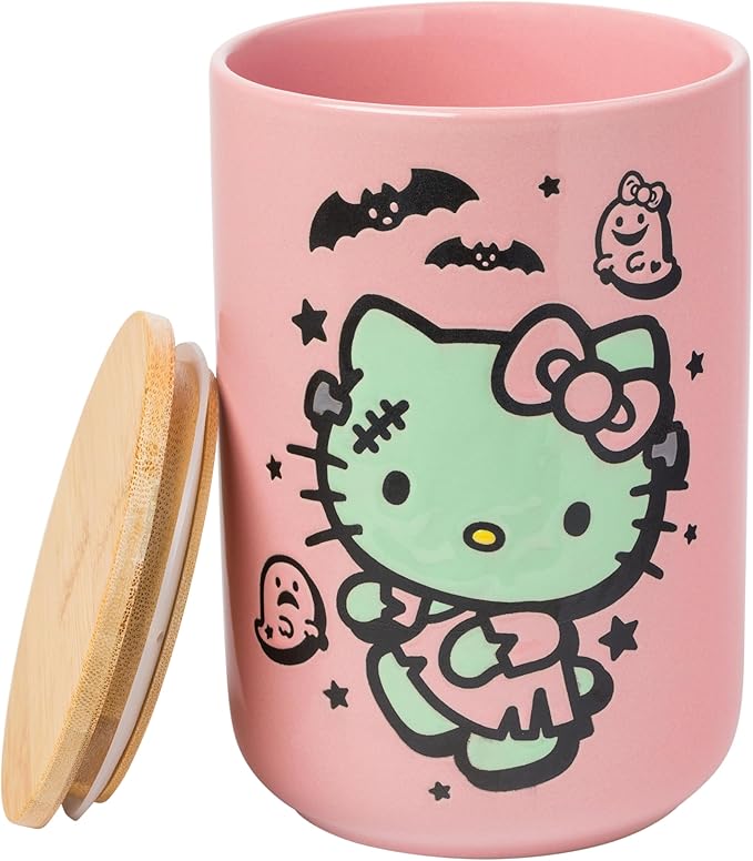 Silver Buffalo Sanrio Hello Kitty Halloween Spooky Frankenstein Frankenkitty Ceramic Cookie Snack Candy Jar with Airtight Bamboo Lid (Small)