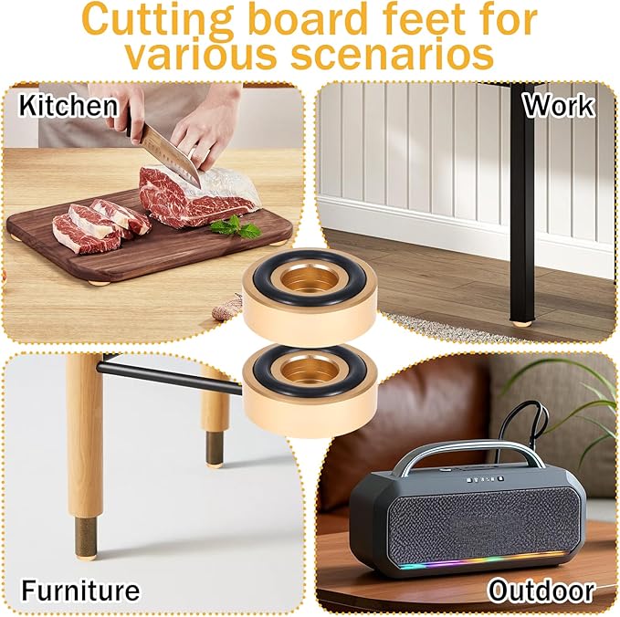 12 Pack Brass Cutting Board Feet with Non Slip Pads 1.18 x 0.39 Inch Gold Aluminum Alloy Legs with Silicone Pads & Screws Kit, Anti-Skid Stabilizers for Chopping Blocks, Furniture & Shelves