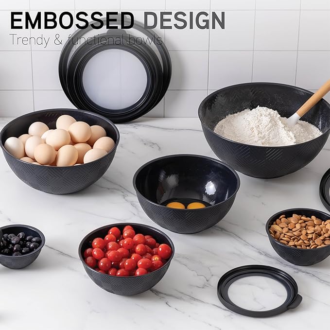COOK WITH COLOR Mixing Bowls with Lids - 12 Piece Plastic Nesting Bowls Set includes 6 Prep Bowls and 6 Lids, Microwave Safe Mixing Bowl Set, Black Rhombus
