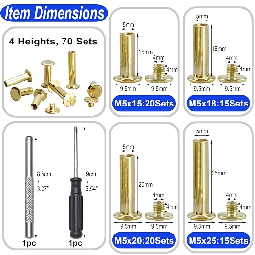 YORANYO 70Sets Chicago Screws Leather Rivets Assorted Screw Rivets Chicago Binding Screws for Decorate and Repair Leather Craft Belt Bag Shoes Purse Bookbinding (Gold, M5*15,18,20,25)