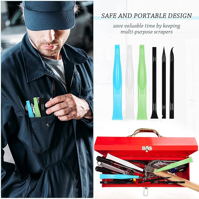 Honoson Non-scratch Plastic Scraper Tool Carbon Fiber Plastic Cleaning Tool Pen-shaped Stiff Scraper for Kitchen Sticker Scratch Cleaning(White、blue、green,6 Pieces)