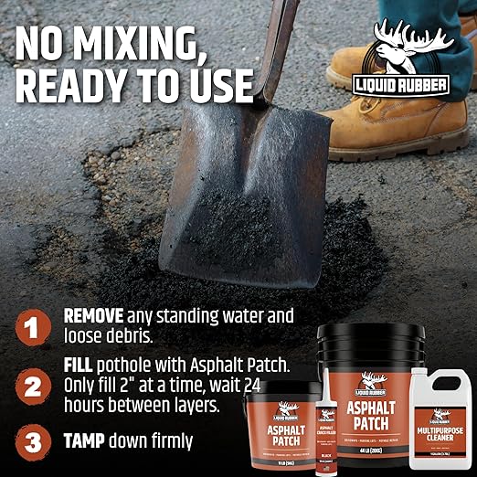 Liquid Rubber Asphalt Patch – 11lb Pail Ready-to-Use Pothole Repair for Driveways, Parking Lots, Pathways & Roads – Easy All-Weather Application – No Mixing Required