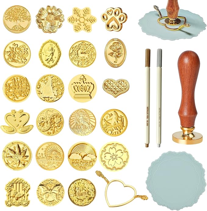 BATHRINS Wax Seal Stamp Kit-23Pcs Sealing Stamp Heads,Wooden Handle,Metal Seal Mold,Silicone Mat,Color Pen for Party Wedding Invitation Cards Envelopes Gift Wrapping Letter