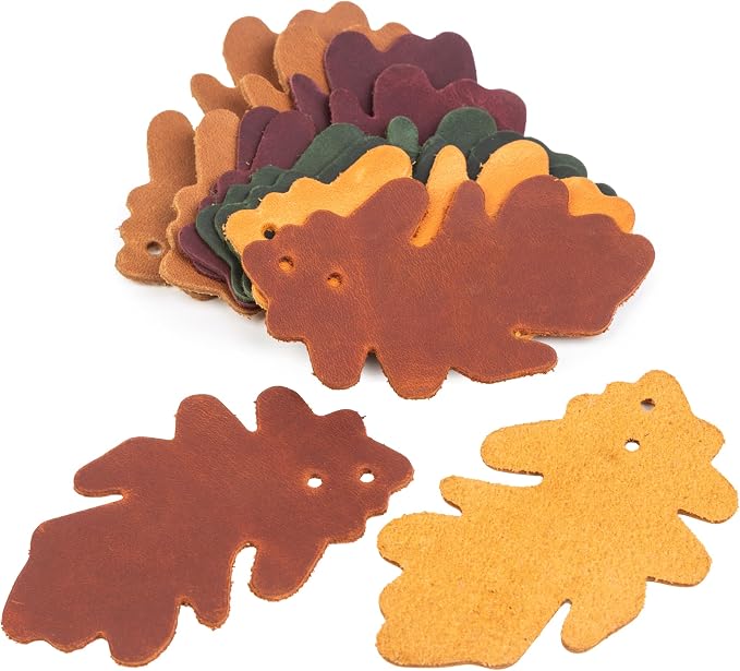 Set of 10 Leather Leaves Patches – 7x3 cm (2.75x1.18”) – Handmade Leather Labels – 1.6 mm Thick – Handmade Tags for Crochet - Leathers Tags - DIY Craft Appliques for Sewing, Repair & Decoration