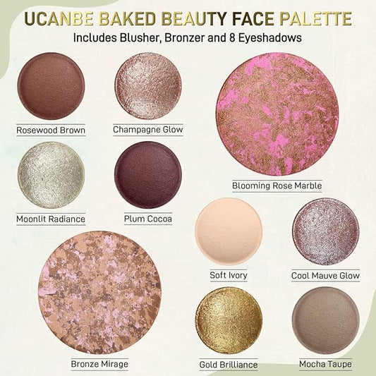 UCANBE Full Size Baked Makeup Palette Set - Include Blush, Bronzer, 8 Eyeshadows & Brushes, Pigmented All-in-One Face & Eye Compact Powder Beauty Valentine Gift Kit for Starter & Pros, Travel Friendly