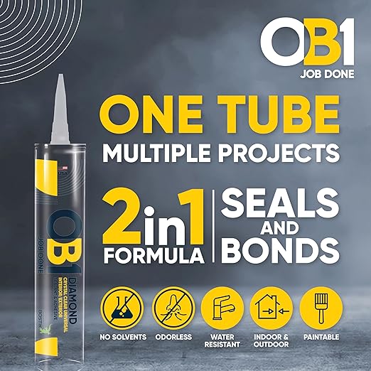 OB1 Universal Caulk Sealant & Adhesive Diamond Crystal Clear 10.1oz | Professional Grade All-in-One Advanced Hybrid | Water Resistant Internal & External | Shrink Crack & UV Resistant | 1 Cartridge