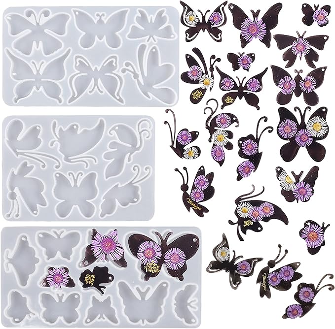 3 Pack Butterfly Silicone Molds for Resin, Various Butterfly Shaped Epoxy Silicone Casting Molds with Hole, Resin Keychain Silicone Molds for Jewelry Making Keychain Decor Crafts