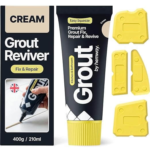 Hemway Cream Grout Reviver Kit | Ready Mixed Grout Repair 400g / 210ml with 4 Piece Profiling Tool Kit | Wall & Floor Tile Adhesive, Kitchen Bathroom Shower, Fast Drying