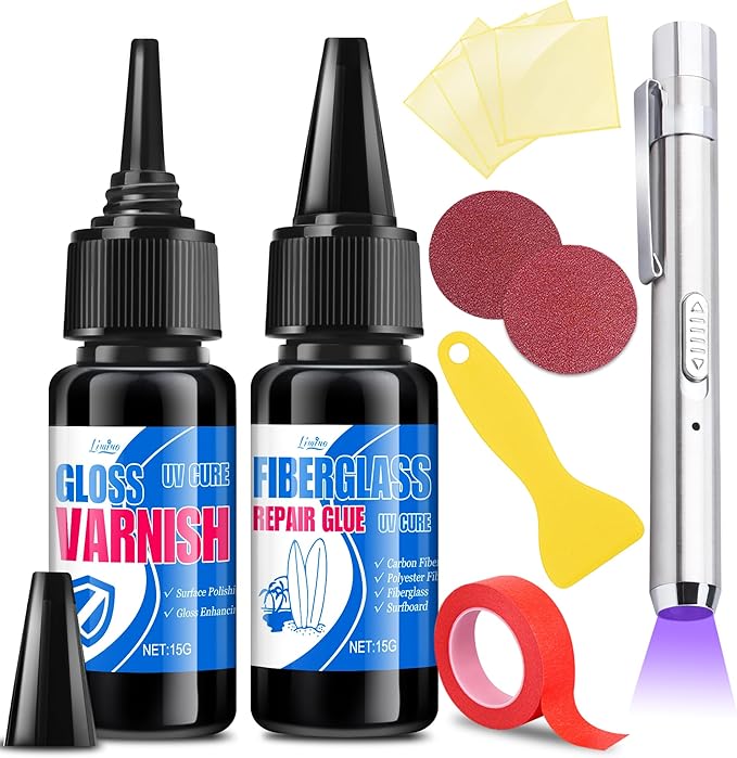 Fiberglass Repair Kit - Surfboard Repair Kit, UV Repair Glue with UV Light, Quickly Repair Scratches, Holes, and Gaps in Fiberglass, Polyester, Carbon Fiber - Fiberglass Filler for Surfboard Gelcoat