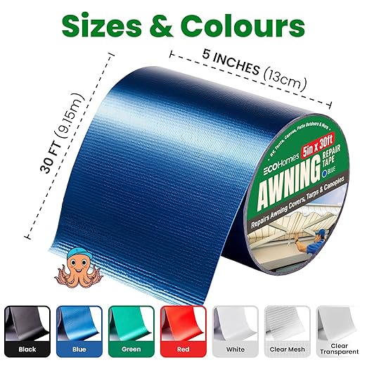 Awning Covers & Tarp Repair Tape - Waterproof Self Adhesive Patch Repair Kit | Patch Tapes for Awnings, Outdoor Canopies, Patio Window Awnings, Gazebos, Tents, RV, Canvas, Boat Covers (Blue, 5 Inch)