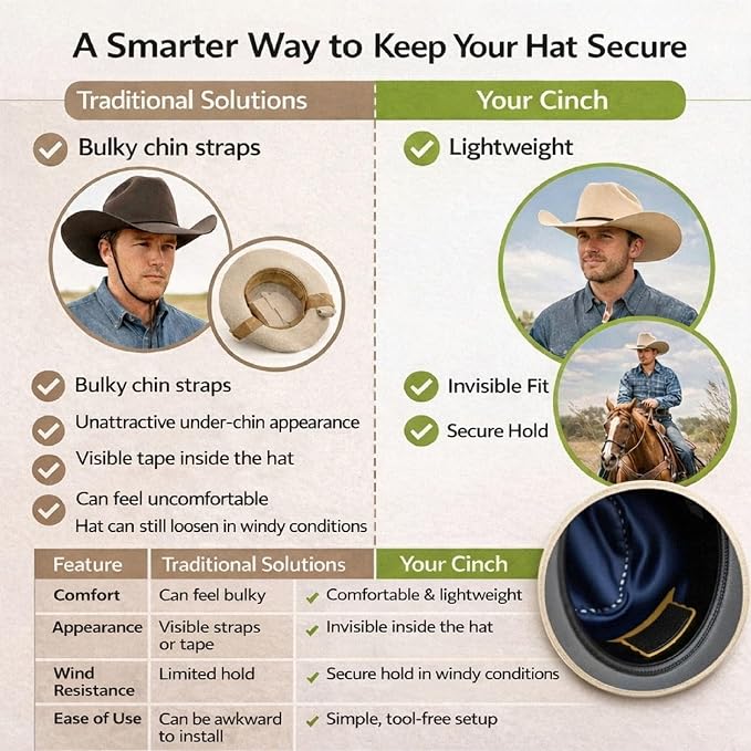 Cowboy Hat Retainer, Silicone Hat Size Reducer Rodeo | hard sweatband fit, leather band compatibility, hidden interior grip, wind control, felt and straw styles, rider accessory