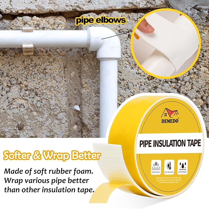DEMEDO Pipe Insulation Tape, Pipe Wrap Insulation Foam Tape Self Adhesive, Outdoor Water Pipe Insulation Roll for HVAC, AC Line Insulation, 5 inch x 16.5 FT Heat Tape for Water Pipe, White