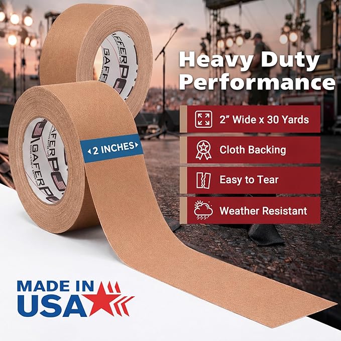 Gaffer Power Proudly Made in The USA, Real Professional Grade Gaffer Tape, Heavy Duty Gaffers Tape, Non-Reflective, Multipurpose. 2 Inches x 30 Yards, Tan