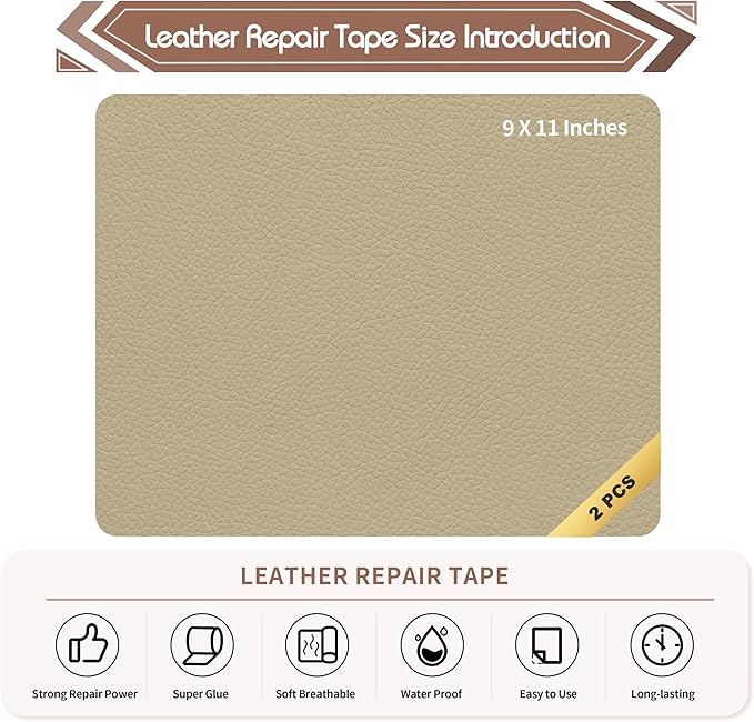 KING MOUNTAIN Leather Repair Patch,2 Packs 9 x 11 Inches self Adhesive Leather Repair Tape for Damaged Leather Furniture, Sofa Seating,Car Seats, Leather Goods（Medium Beige）