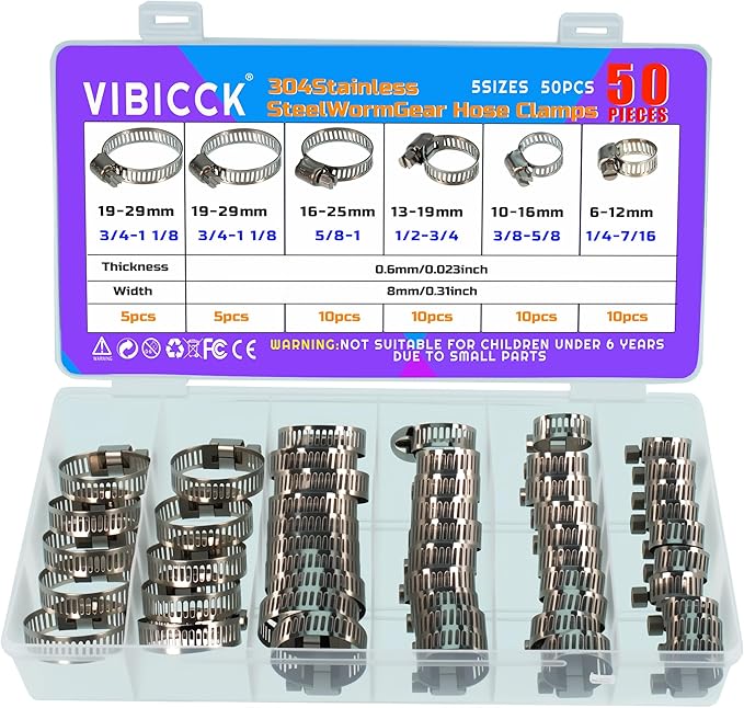 50pcs of 6-29 mm / 1/4 inch - 1-1/8 inch flexible hose clamps, 304 stainless steel worm-type hose clamps, suitable for pipes, intermediate coolers, water pipes, fuel pipes