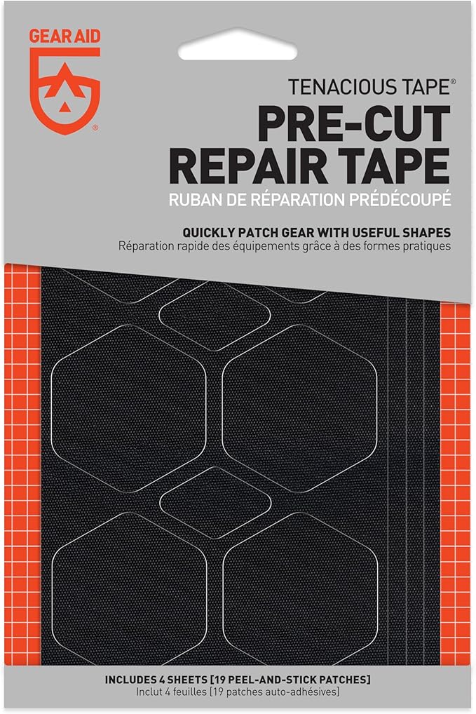 GEAR AID Tenacious Tape Repair Patches – Peel-and-Stick Nylon Gear Patches for Jackets, Tents, Sleeping Bags, Backpacks, and Outdoor Gear – Fix Rips, Tears, and Holes, 19 Various Sizes, Black