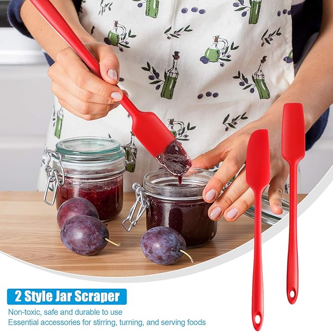 Patelai 2 Pieces Long Handle Small Rubber Spatula Mini Silicone Jar Spatula Non-stick Rubber Scraper 11 Inch Silicone Scraper for Jars, Smoothies, Blenders Cooking Baking Stirring Mixing Tools(Red)
