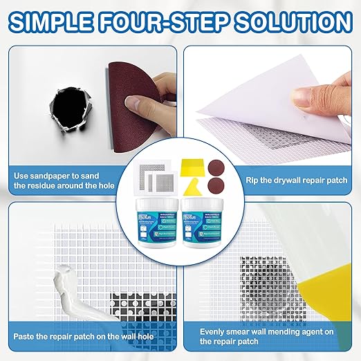 Drywall Repair Kit – 2×8.47 oz Putty Jars with 2×2″ & 4×4″ Wall Patch Mesh, Small & Large Scrapers & 2 Sandpapers | Quick-Dry Spackle & Sheetrock Crack Filler for Wall, Ceiling & Plaster Repair