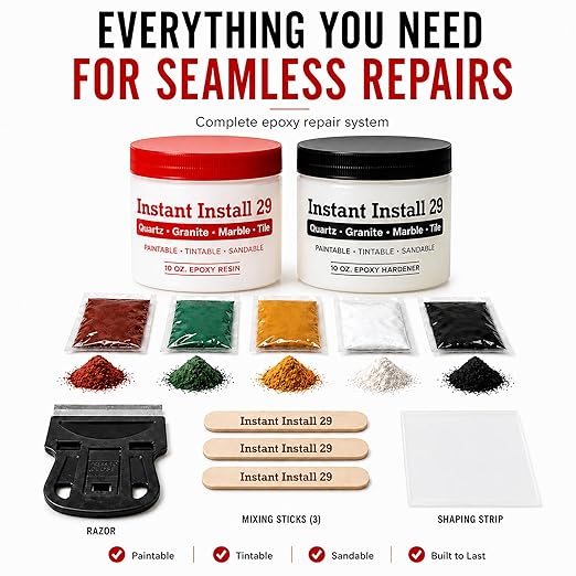 Instant Install 29 Complete - 20 oz Epoxy Permanent Repair Kit with EZ-Tint 10 g 5-Pack, Mixing Sticks, Razor, & Shaping Strip - Granite, Marble, & Tile - Rebonds & Rebuilds - Dry in 29 Minutes