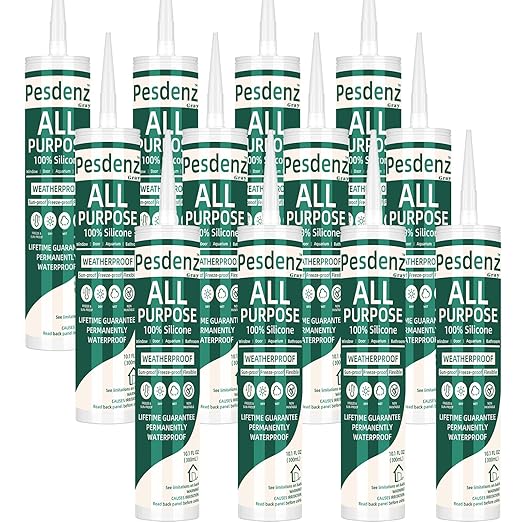 Gray Universal Silicone Caulk, 100% Silicone Sealant Outdoor Waterproof, Flexible Cartridge Adhesive Caulking for Aquarium RV Roof Window Door Kitchen Bathroom Bathtub Shower Seal, 10.1 Oz, 12 Pack